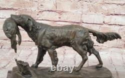 Signée Moigniez Chasse Chien W / Quail Bronze Sculpture Sur Marbre Socle