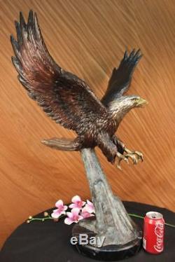 Signée Moigniez Large American Eagle Fonce Vers Sol Marbre Base Sculpture