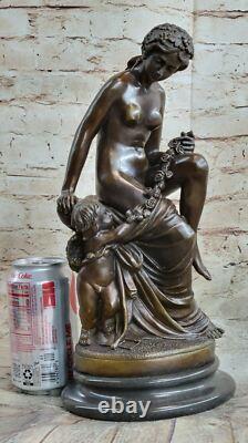 Signée Moreau Chair Femme Avec Ange Fleur Bronze Statue Sculpture Marbre Décor