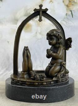 Signée Moreau Charmant Ange Debout Sur Rock Bronze Marbre Sculpture Art Déco