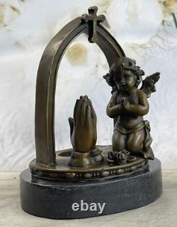 Signée Moreau Charmant Ange Debout Sur Rock Bronze Marbre Sculpture Art Déco