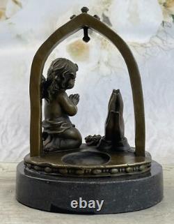 Signée Moreau Charmant Ange Debout Sur Rock Bronze Marbre Sculpture Art Déco