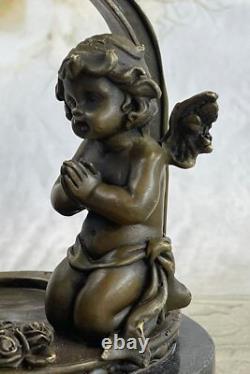 Signée Moreau Charmant Ange Debout Sur Rock Bronze Marbre Sculpture Art Déco