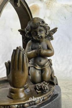 Signée Moreau Charmant Ange Debout Sur Rock Bronze Marbre Sculpture Art Déco