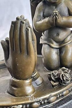Signée Moreau Charmant Ange Debout Sur Rock Bronze Marbre Sculpture Art Déco