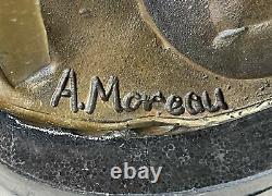 Signée Moreau Charmant Ange Debout Sur Rock Bronze Marbre Sculpture Art Déco