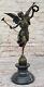 Signée Moreau Grand Charmant Ange Debout Sur Rock Bronze Marbre Sculpture Art