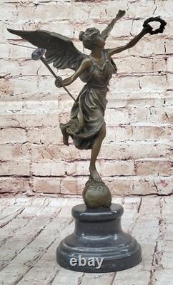 Signée Moreau Grand Charmant Ange Debout Sur Rock Bronze Marbre Sculpture Deco