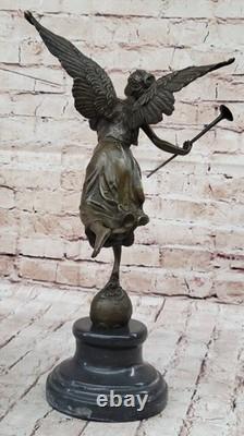 Signée Moreau Grand Charmant Ange Debout Sur Rock Bronze Marbre Sculpture Deco