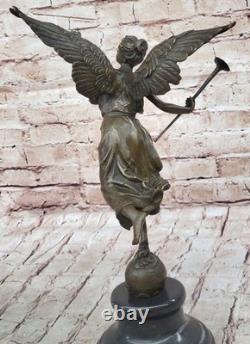 Signée Moreau Grand Charmant Ange Debout Sur Rock Bronze Marbre Sculpture Deco