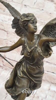 Signée Moreau Grand Charmant Ange Debout Sur Rock Bronze Marbre Sculpture Deco