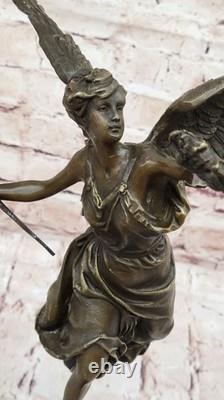 Signée Moreau Grand Charmant Ange Debout Sur Rock Bronze Marbre Sculpture Deco