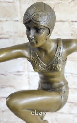 Signée Nageur Danseuse Chiparus Bronze Sculpure Statue Sur Marbre Base