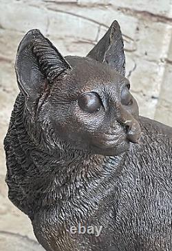 Signée Original Amical Chat Félin Bronze Art Déco Marbre Base Sculpture Statue