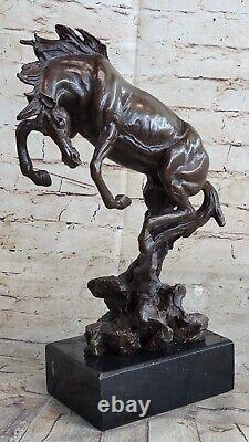 Signée Original Art Déco Élevage Cheval Bronze Sculpture Marbre Base Statue Déco