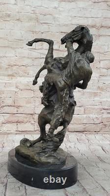 Signée Original Art Déco Élevage Cheval Bronze Sculpture Marbre Socle Statue