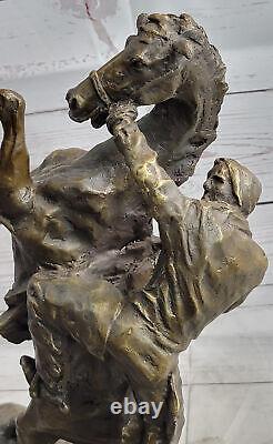 Signée Original Art Déco Élevage Cheval Bronze Sculpture Marbre Socle Statue