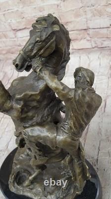 Signée Original Art Déco Élevage Cheval Bronze Sculpture Marbre Socle Statue