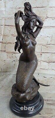 Signée Original Chair Sexy Sirène Bronze Marbre Statue Mythique Mer Sculpture