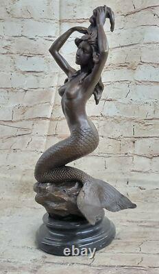 Signée Original Chair Sexy Sirène Bronze Marbre Statue Mythique Mer Sculpture