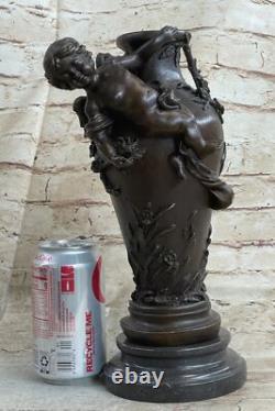 Signée Original Chérubin Ange Vase Style Bronze Sculpture Marbre Base Affaire