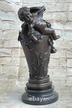 Signée Original Chérubin Ange Vase Style Bronze Sculpture Marbre Base Affaire