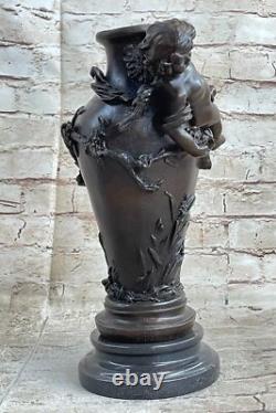 Signée Original Chérubin Ange Vase Style Bronze Sculpture Marbre Base Affaire
