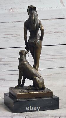 Signée Original Fisher Égyptien Reine Avec / Garde Chien Bronze Marbre Sculpture