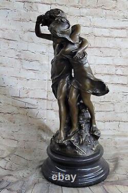 Signée Original Garçon Et Fille Marche Extérieur Bronze Sculpture Marbre Base