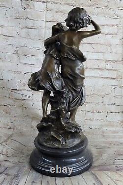 Signée Original Garçon Et Fille Marche Extérieur Bronze Sculpture Marbre Base