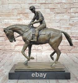 Signée Original Jockey Avec Cheval Bronze Marbre Base Fonte Sculpture Décor