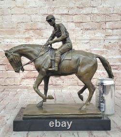 Signée Original Jockey Avec Cheval Bronze Marbre Base Fonte Sculpture Décor