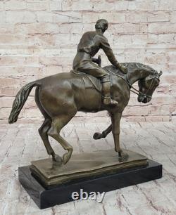 Signée Original Jockey Avec Cheval Bronze Marbre Base Fonte Sculpture Décor