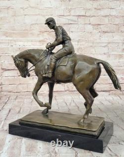 Signée Original Jockey Avec Cheval Bronze Marbre Base Fonte Sculpture Décor