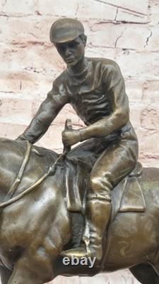 Signée Original Jockey Avec Cheval Bronze Marbre Base Fonte Sculpture Décor