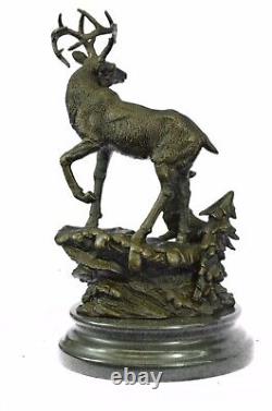 Signée Original Mâle Cerf Avec His Bébé Faon Bronze Sculpture Marbre Base Figure