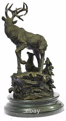 Signée Original Mâle Cerf Avec His Bébé Faon Bronze Sculpture Marbre Base Figure