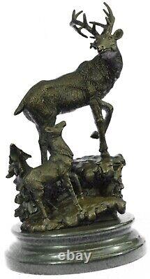 Signée Original Mâle Cerf Avec His Bébé Faon Bronze Sculpture Marbre Base Statue