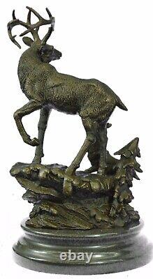 Signée Original Mâle Cerf Avec His Bébé Faon Bronze Sculpture Marbre Base Statue