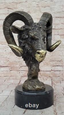 Signée Original Mascotte RAM Tête Bronze Sculpture Marbre Base Statue Figurine
