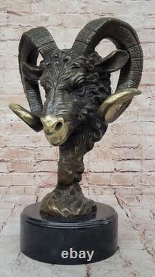 Signée Original Mascotte RAM Tête Bronze Sculpture Marbre Base Statue Figurine