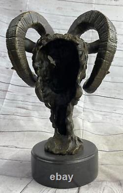 Signée Original Mascotte RAM Tête Bronze Sculpture Marbre Base Statue Figurine