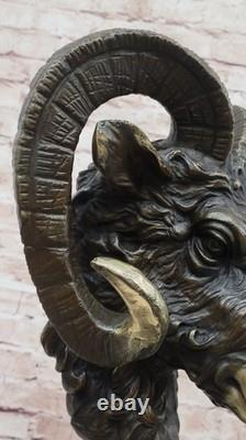 Signée Original Mascotte RAM Tête Bronze Sculpture Marbre Base Statue Figurine