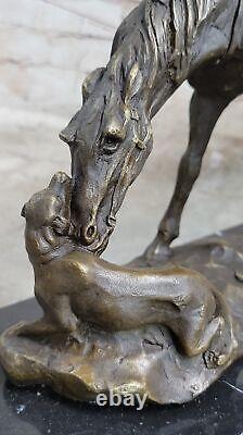 Signée Original Milo Chien et Un Cheval Amitié Bronze Sculpture Marbre Statue