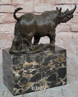 Signée Original Milo Rhinocéros Bronze Marbre Sculpture Statue Figurine Décor