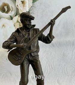 Signée Original Noir Guitare Lecteur Singer Bronze Sculpture Marbre Statue Art