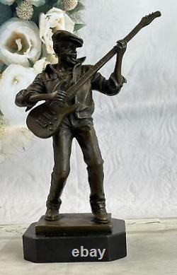 Signée Original Noir Guitare Lecteur Singer Bronze Sculpture Marbre Statue Décor
