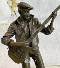 Signée Original Noir Guitare Lecteur Singer Bronze Sculpture Marbre Statue Décor