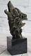 Signée Original Pleurant Loup Bronze Sculpture Buste Marbre Figurine Lopez