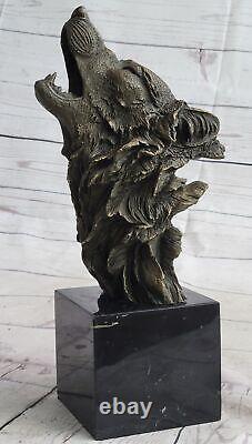 Signée Original Pleurant Loup Bronze Sculpture Buste Marbre Figurine Lopez